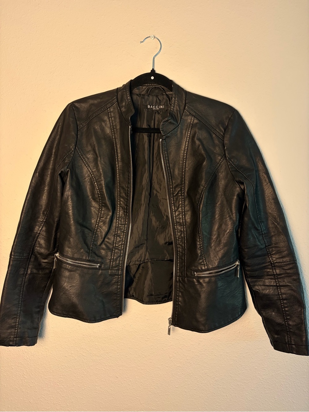 Baccini Black Leather Moto-Style Zip Jacket